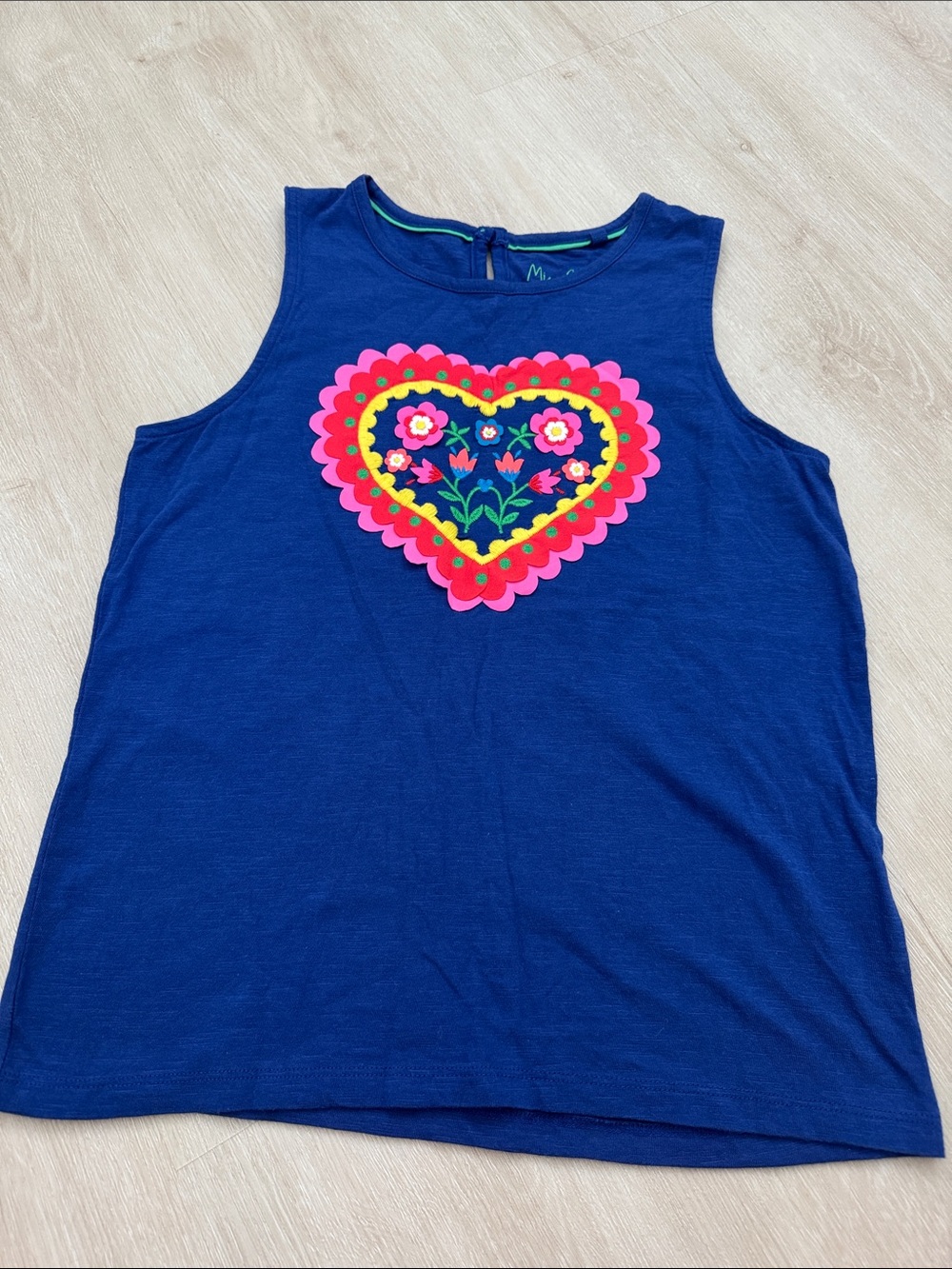 Mini Boden 100%Cotton Royal Blue Tank with Neon Heart Floral Applique
